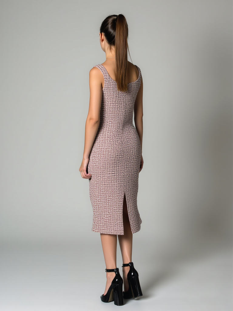 Pink Tweed V Neck Long Dress - Pre Order