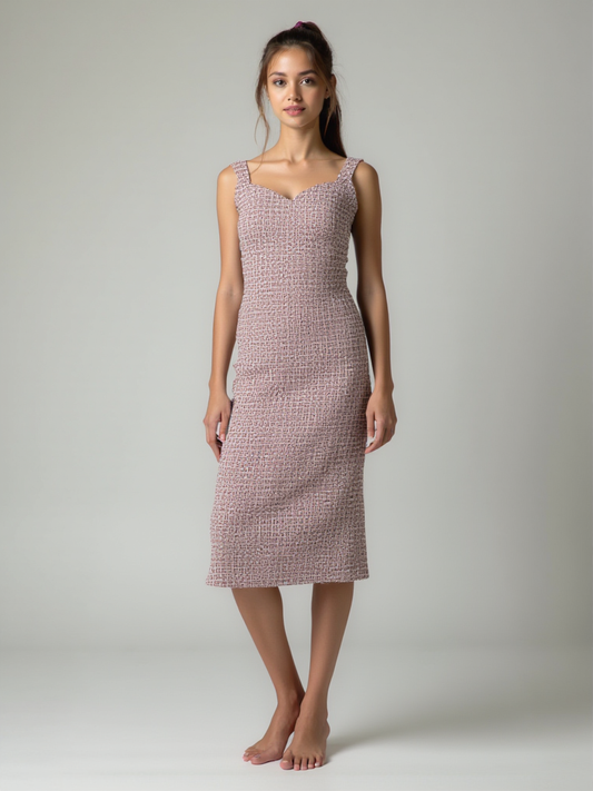 Pink Tweed V Neck Long Dress - Pre Order